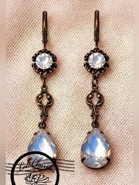 Victorian Pink Opal Rosewater Swarovski Crystal In Long Brass Earrings